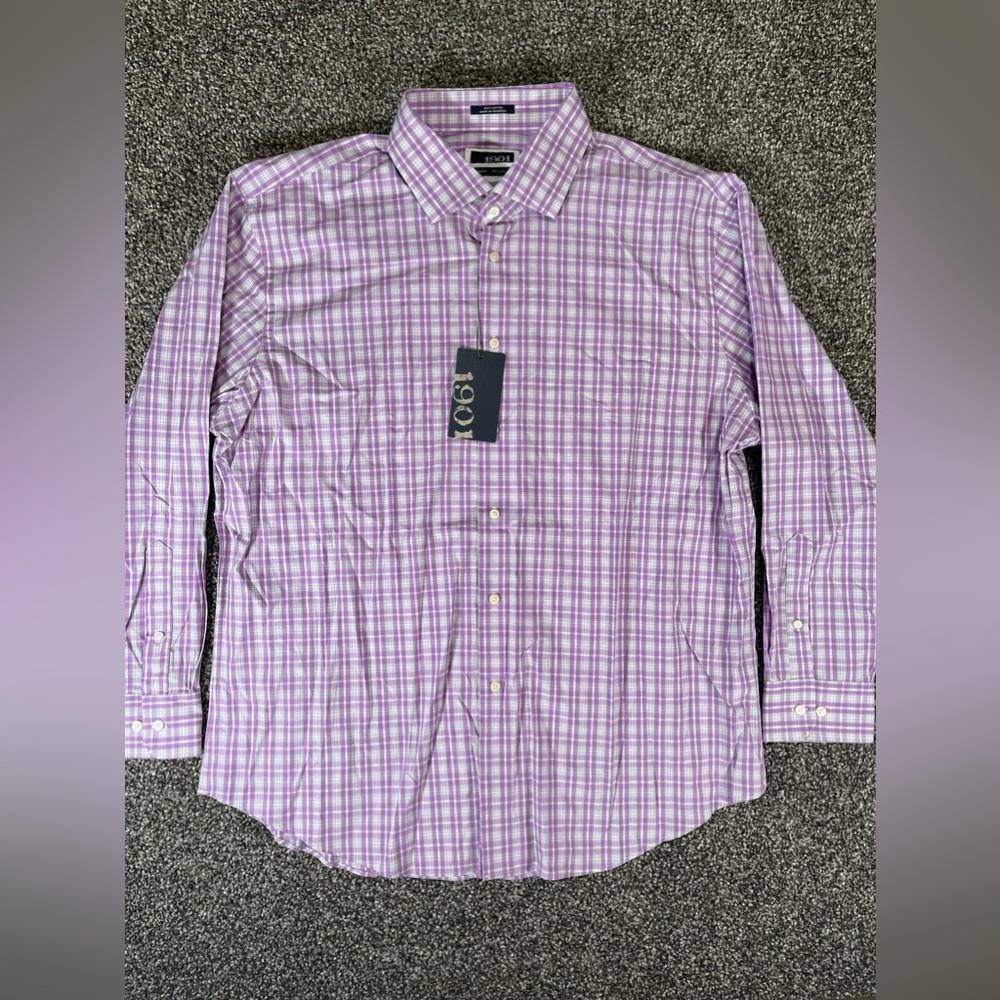 1901 Men’s 17.5-32.5 XL Trim Fit Button Up Long Sleeve Shirt Plaid Cotton Purple